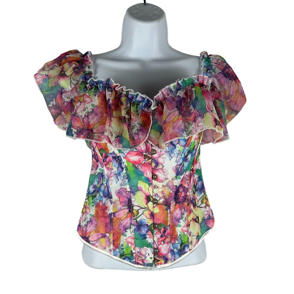 Womens Floral Ruffled Off-Shoulder Corset Top With Lace-Up Back Size S